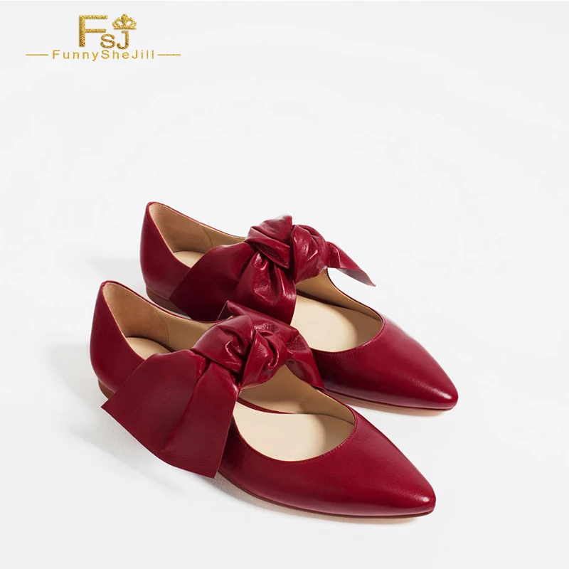 Women's Red Bow Pointed Toe Comfortable Flats Shoes