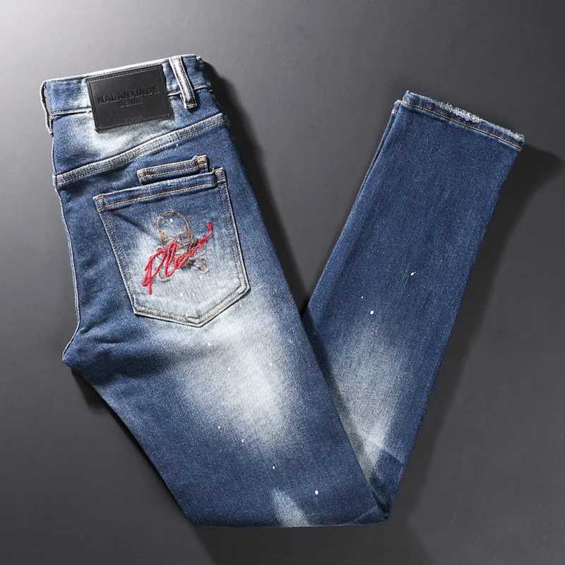 

Newly Vintage Fashion Men Jeans High Quality Retro Blue Elastic Slim Fit Ripped Jeans Men Embroidery Designer Casual Denim Pants