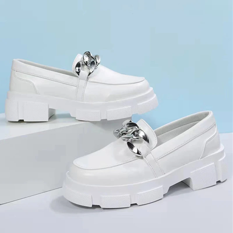 

New Women Platform Shoes All Cowhide White Shoes Metal Chain Decoration Height Increase Shoes Slip-On Shoes for Women