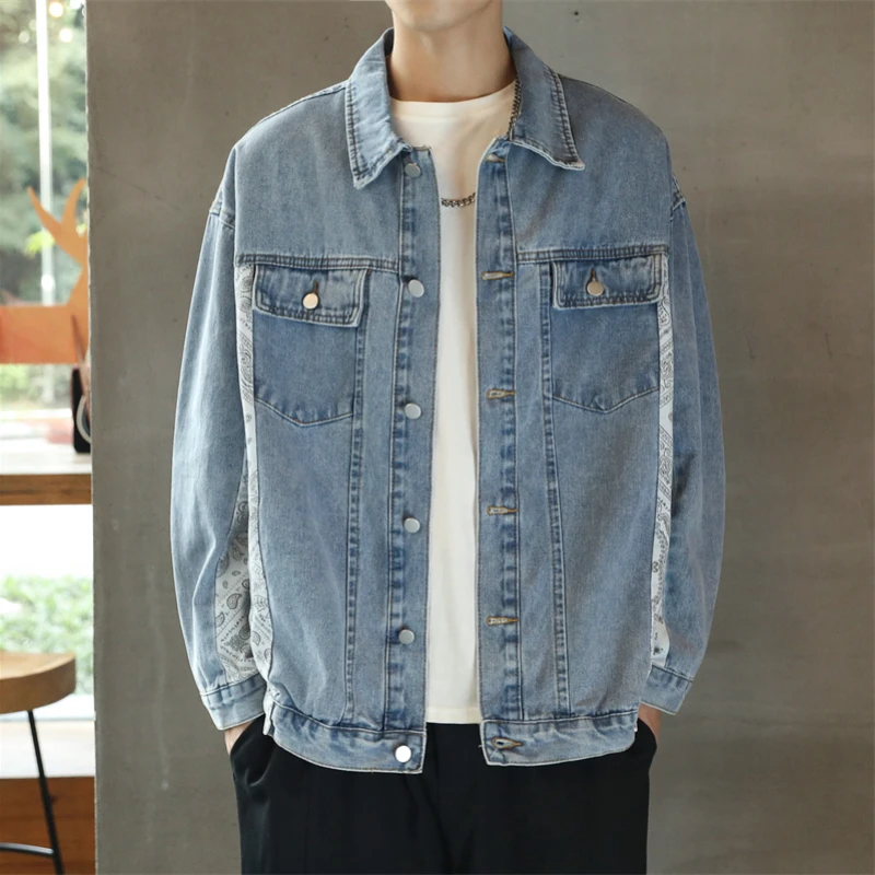 

Vintage Plaid Print Patchwork Denim Jacket Men Autumn Fashion Turn-down Collar Buttoned Long Sleeve Jean Coat For Mens Outerwear