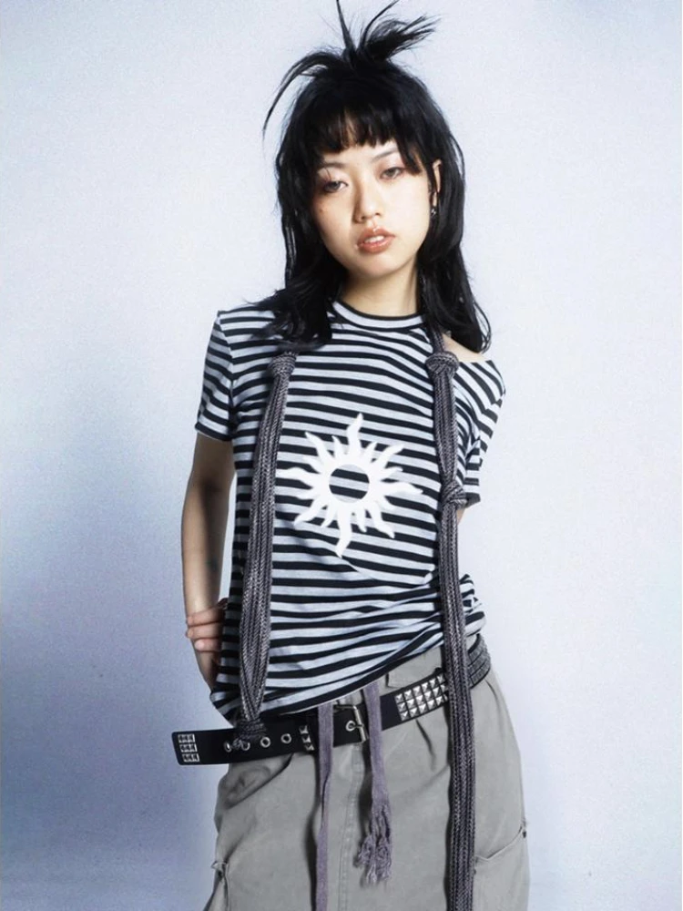 Женская футболка в полоску с коротким рукавом стиле Харадзюку |