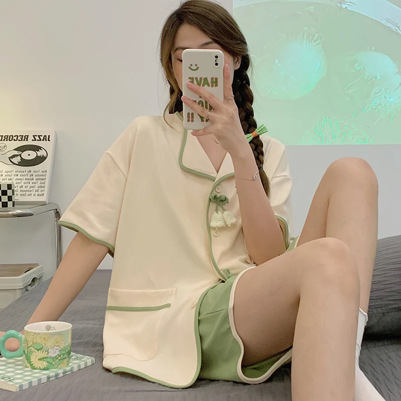 Summer Women Pyjamas New Cartoon Pajamas Sets Sleepwear Casual Nightwear Pijama Mujer Shorts short sleeve M-2XL Home Clothes Set