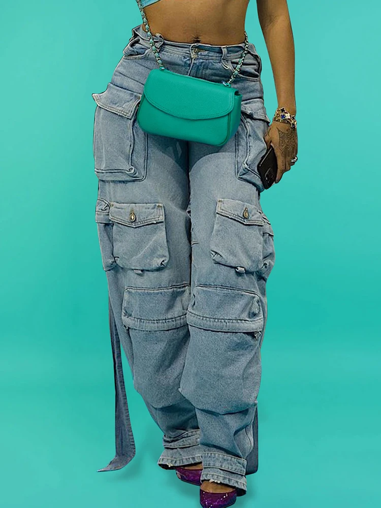Джинсы-карго женские с высокой талией повседневные свободные синие джинсовые