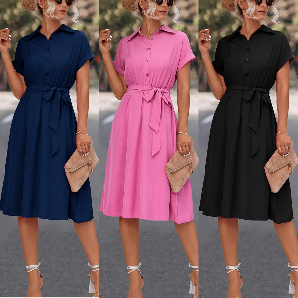 

Women Long Dresses 2023 Summer New Rose Red Short Sleeveless Turndown Collar Button Belt Mid-Length Skirt Office Lady Streetwear