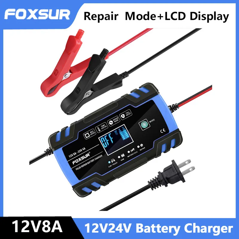 

FOXSUR 12V 24V 8A Automatic Battery Charger Power 3-stage Pulse Repair LCD Display Smart Car Battery Charger GEL Lead-Acid WETF