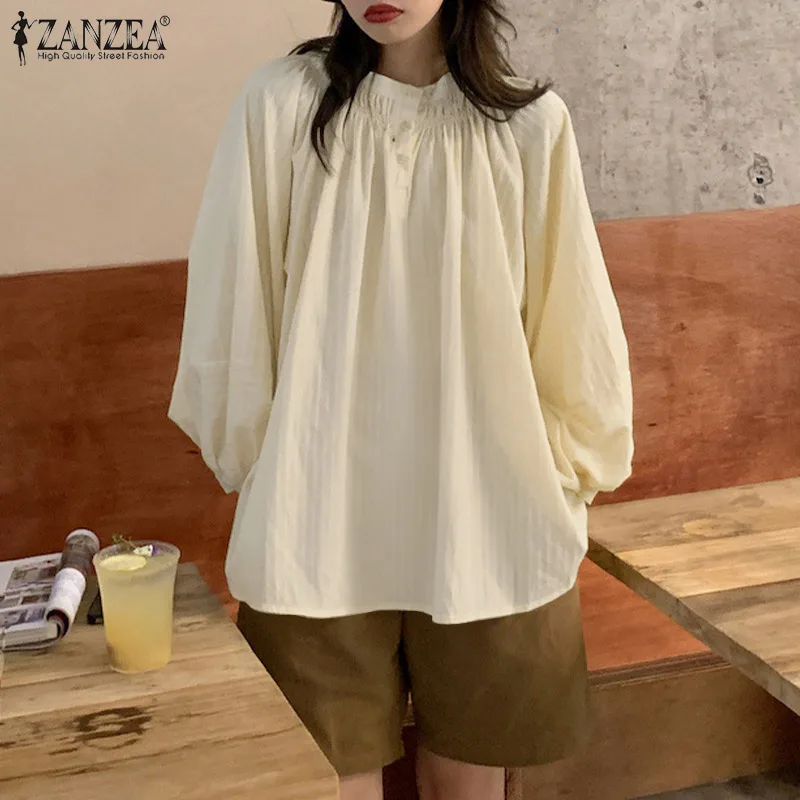 

Women Casual Long Lantern Sleeve Shirt 2022 Stylish Striped Printed Blouse ZANZEA Vintage Smocking Holiday Chemise Female Blusas