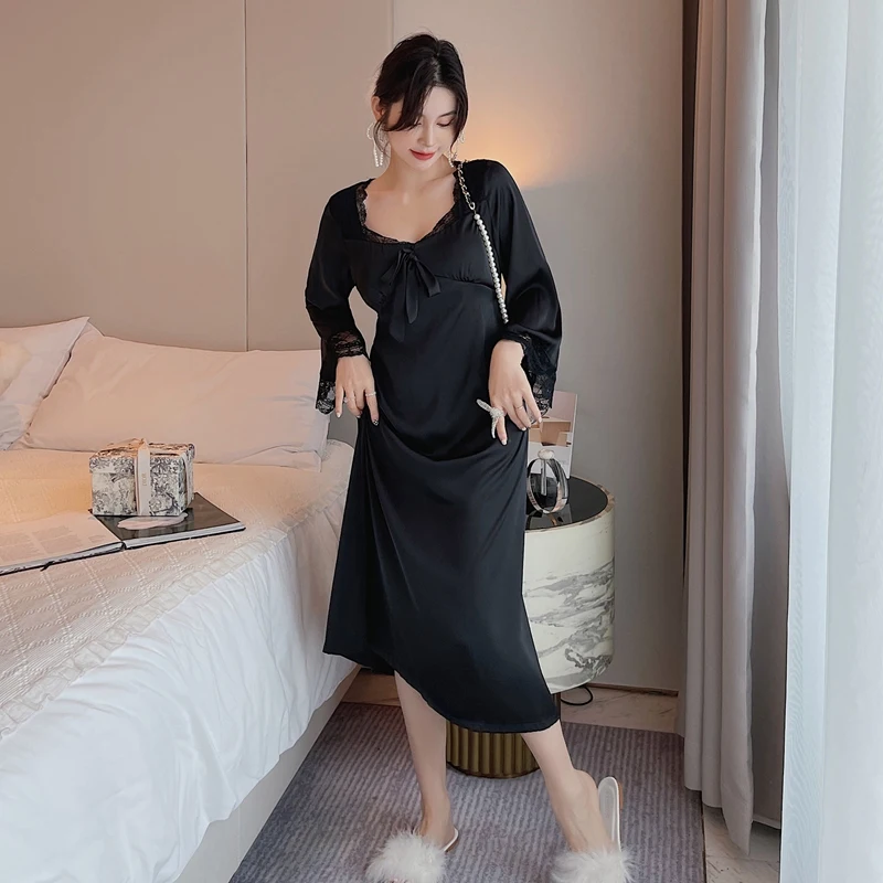Silk Nightgowns Women's Nightwear Long Dress Sleepwear Elegant Lace Nighty Satin Luxury Ladies Lingerie Sleep Tops Dress