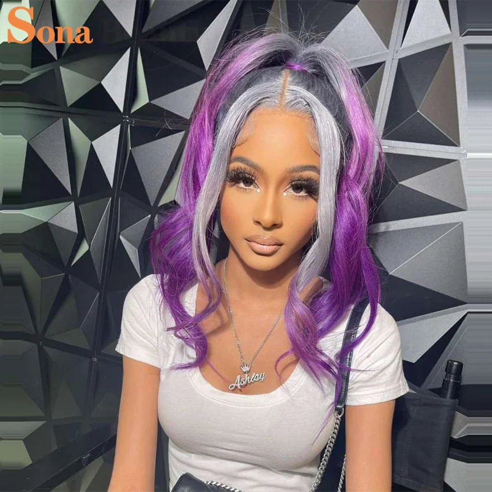 Парик из натуральных волос с эффектом омбре светло-серый фиолетовый волнистый 2