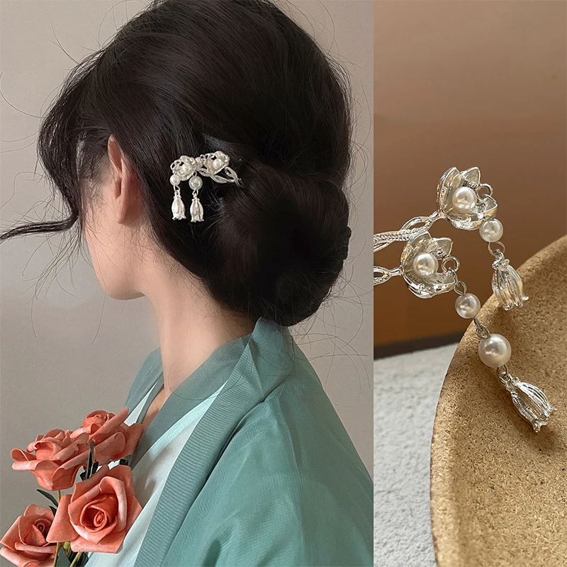 

Retro Chinese Style Hair Stick Chopsticks Style Hair Clip Metal Pearl Flower Long Tassel Hairpin Hanfu Dress Hair Jewelry Decor