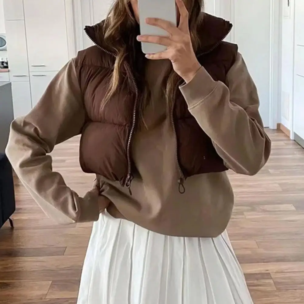 

Chic Sleeveless Warm Autumn Winter Solid Cropped Color Cotton Padded Vest Coat Skin-Touching Vest Coat Daily Clothing
