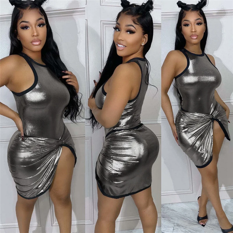 

Beach Women Fashion 2023 Swim Suit Summer Dress Cover Up New Reflective Metallic Sleeveless Slim One JumpSuit Bind Skirt Solid