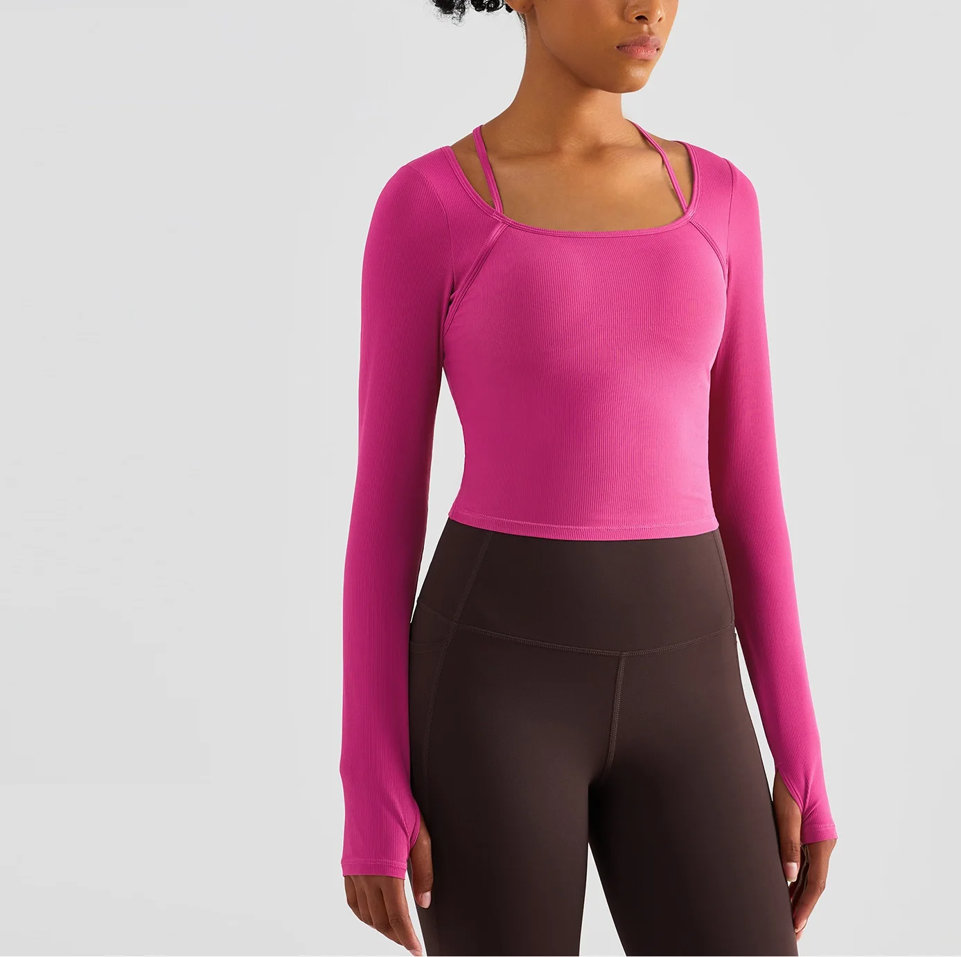 

European American Halter Neck Sportswear Yoga Long-sleeved T-shirt Lulu Sports Top Women Chest Pad Long-sleeved Fitness Wear