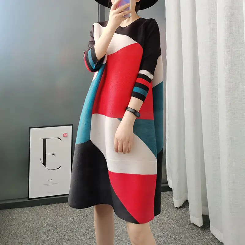 

Женское Плиссированное Платье с принтом, повседневное свободное платье большого размера в западном стиле, весна-лето 2021