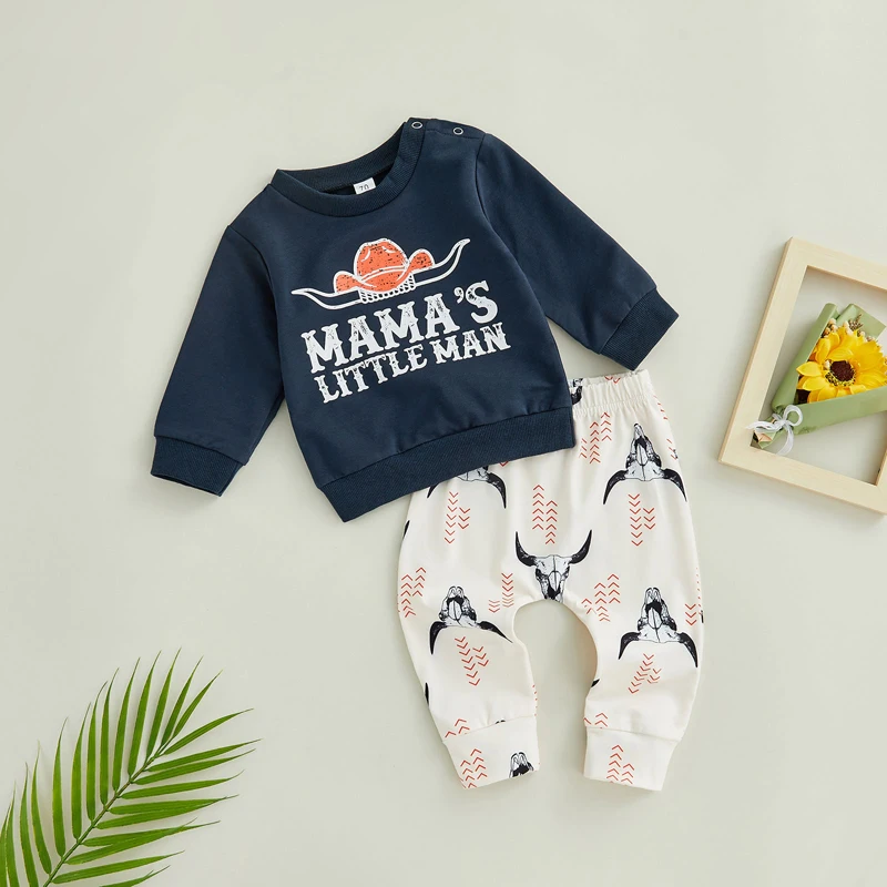 

Infant Toddler Baby Boy Pants Outfit Set Long Sleeve Cartoon Letters Shirt Long Ox Head Print Pants Casual Boys Clothes Set