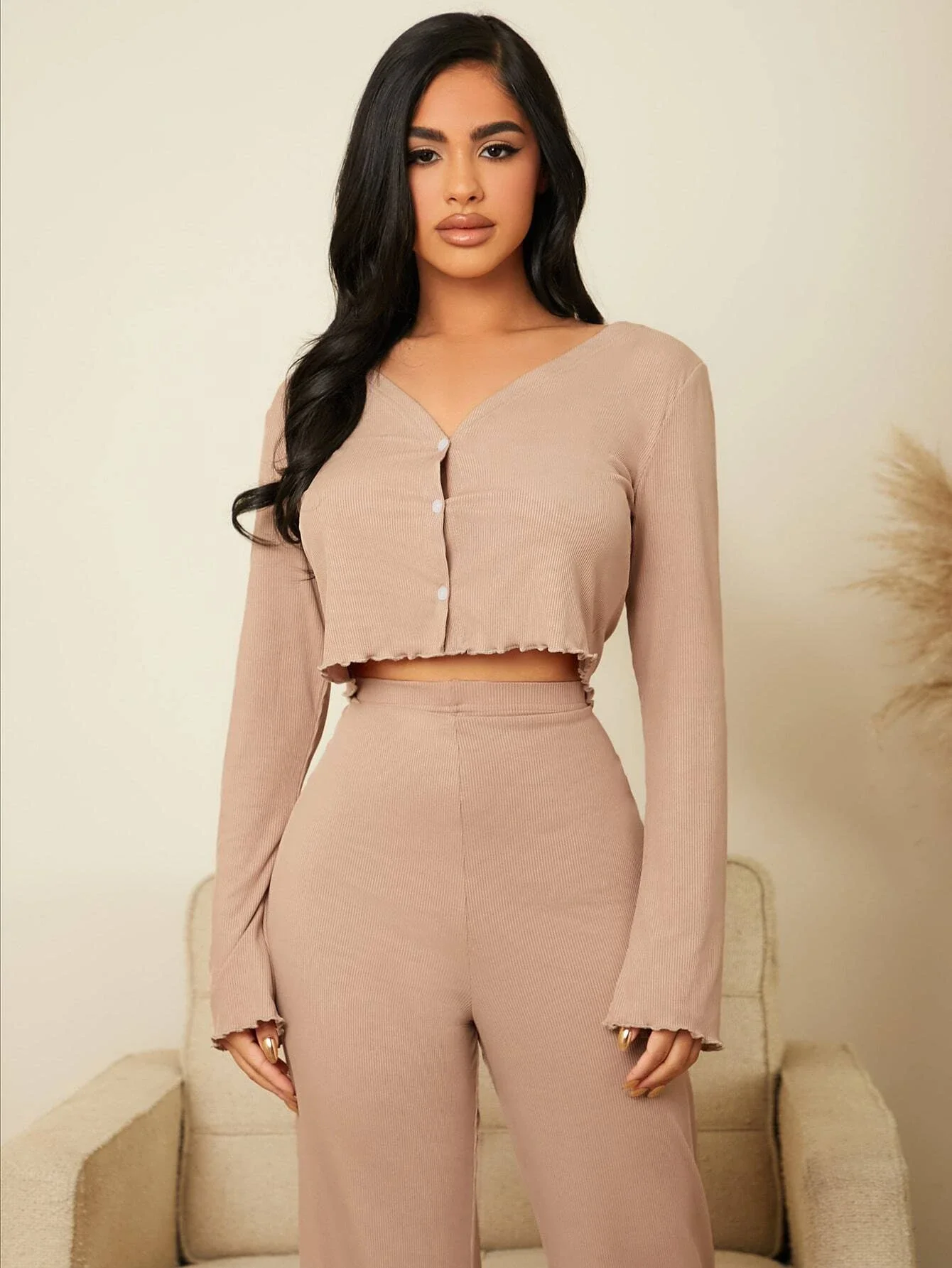 

Button Front Lettuce pajamas ​Trim Top & Pants Lounge SetSpring and autumn trousers pajamas