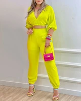 casual pants sets women summer 2022 new fashion sexy cropped top trousers set solid color yellow 2 piece set