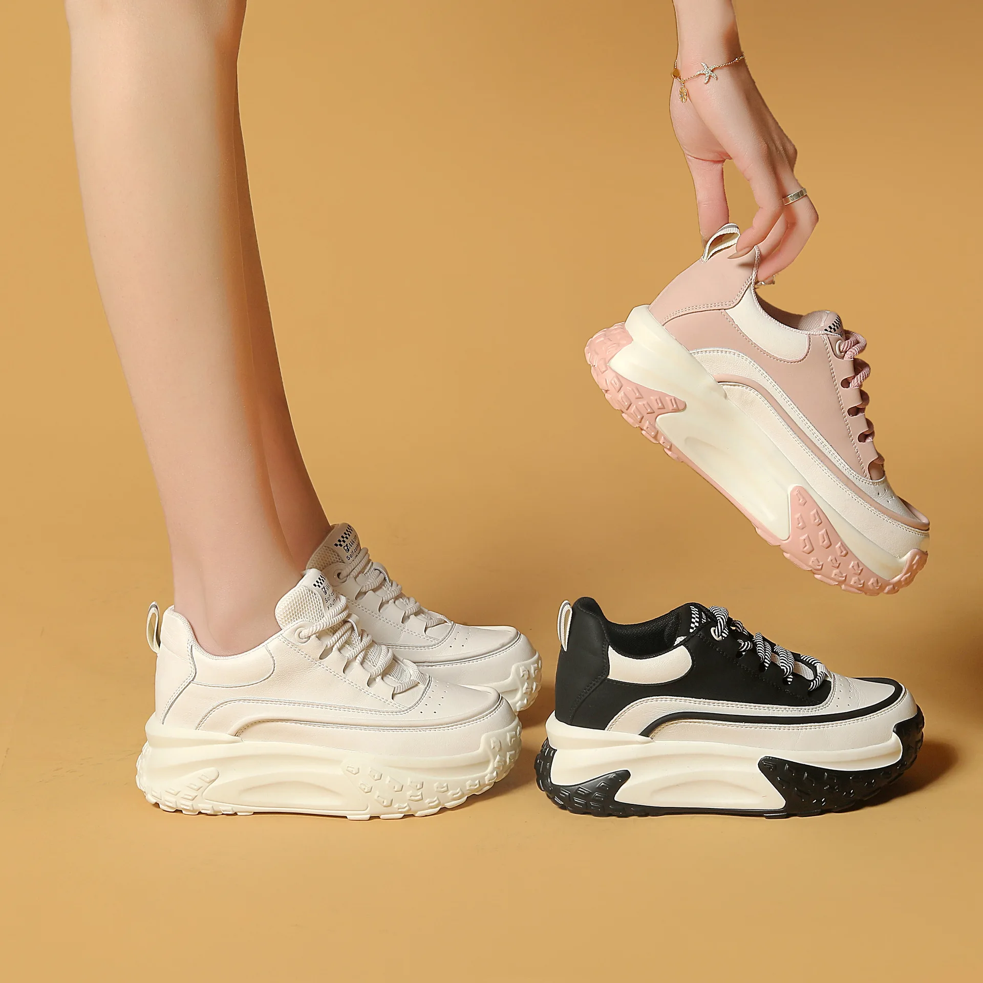 Chunky Air Mesh Breathable Sneakers Fashion Genuine Leather Women Vulcanize New Female Summer Comfy Lace Up Fashion Ladies Shoes