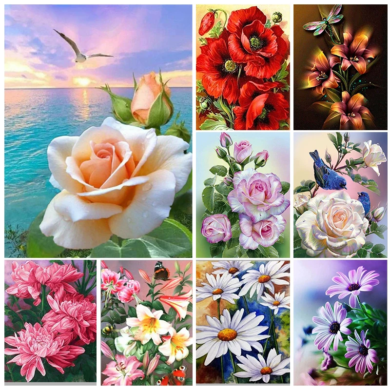 

Rose Diamond Painting Flowers Crystal Painting 5D DIY Full Round Landscape Mosaic Embroidery Home Decor Wall Art