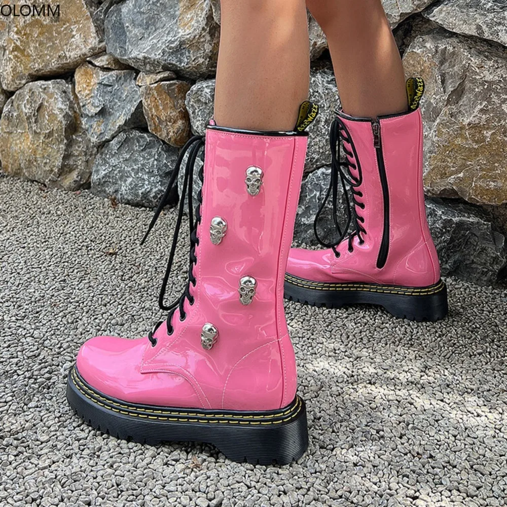 

Женские ботинки до середины икры из лакированной кожи, на шнуровке, с изображением черепа, оксфорды, обувь для верховой езды В рыцарском стиле, большие размеры, 4 цвета, Новинка