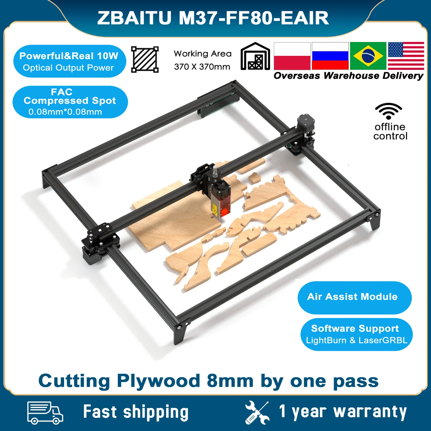 ZBAITU 80W Laser Engraver 10W Output CNC Laser Cutter 370*370mm 3D Wood Router Engraving and Cutting Machine RU/PL/US Warehouse
