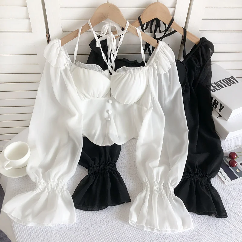 

Новинка Осенняя цельный воротник без Бретелек кружевная рубашка со ста тонкими расклешенными рукавами шифоновая блузка