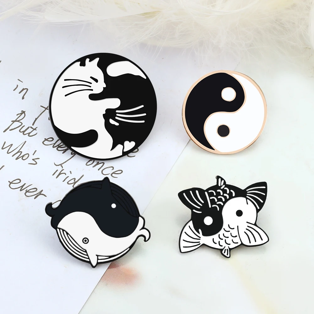 Винтажные белые черные Инь-Янские целебные броши кошка кит карп значки на