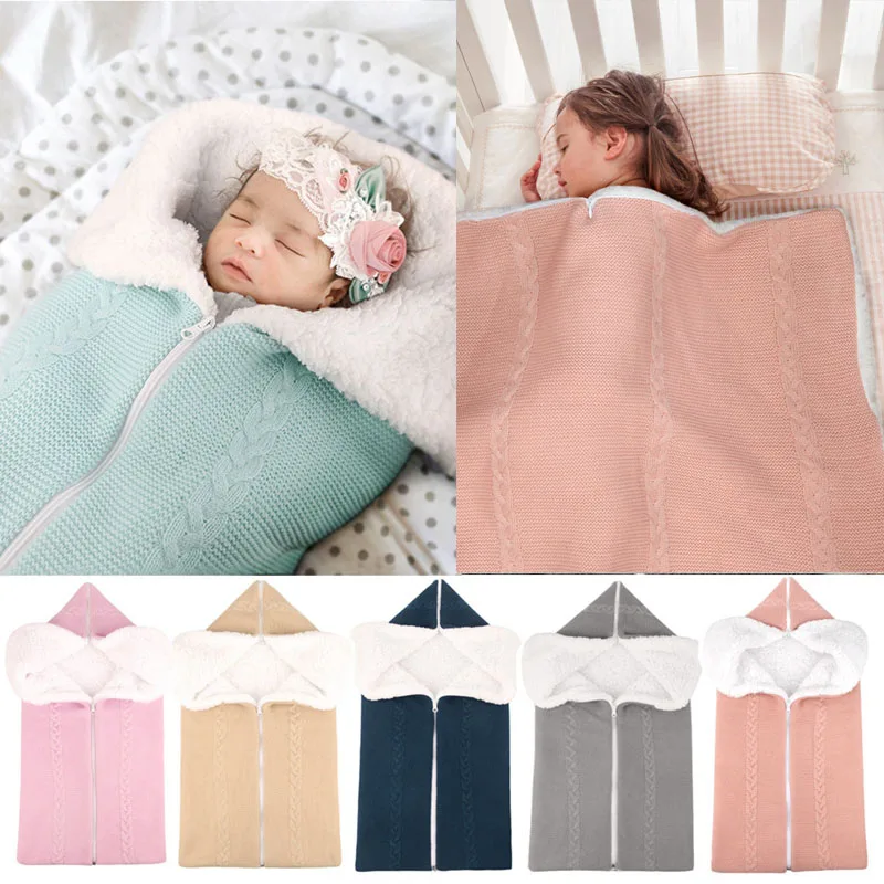 Newborn Baby Knit Sleeping Bag Autumn Winter Plus Velvet Warm Outdoor Stroller Cover Blanket Thicken Zipper Anti-kick Sleepsacks
