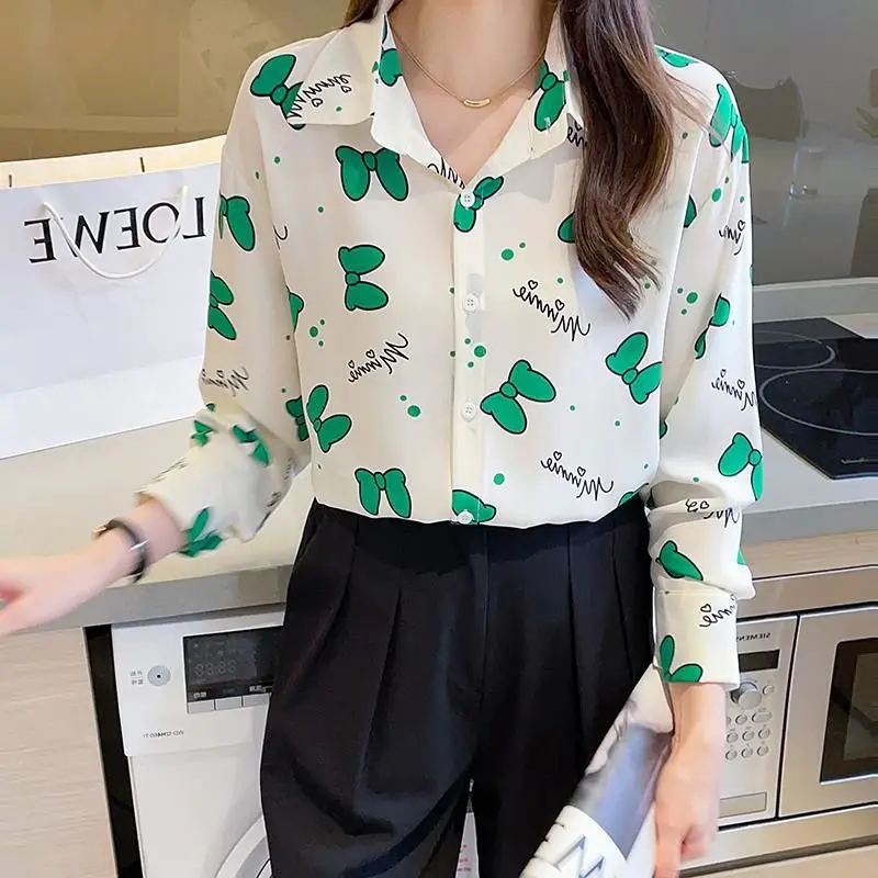 

French Style Long Sleeve Fall Shirts for Women Cute Blouses Single Breasted Butterfly Print Office Shirts Blouse Blusas Mujer