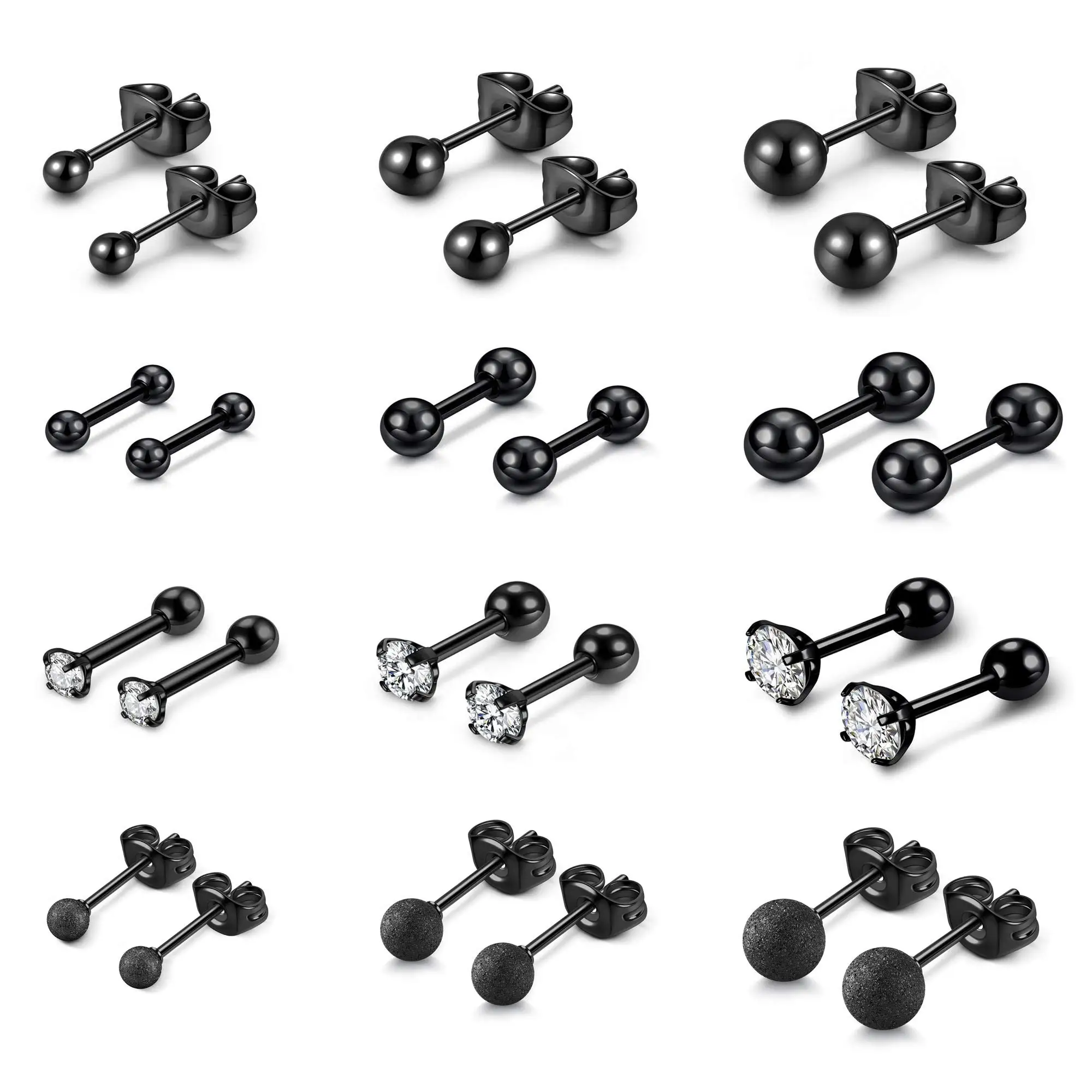 

12 Pairs Set 16G/20G Silver Black Stainless Steel Earrings Set for Women Men Ear Piercing Barbell Stud Earrings 3MM/4MM/5MM