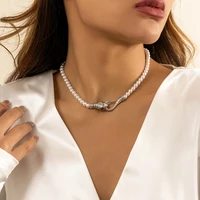 jewelry creativity bite snake tail full diamond curved snake necklace imitation pearl temperament clavicle necklace female