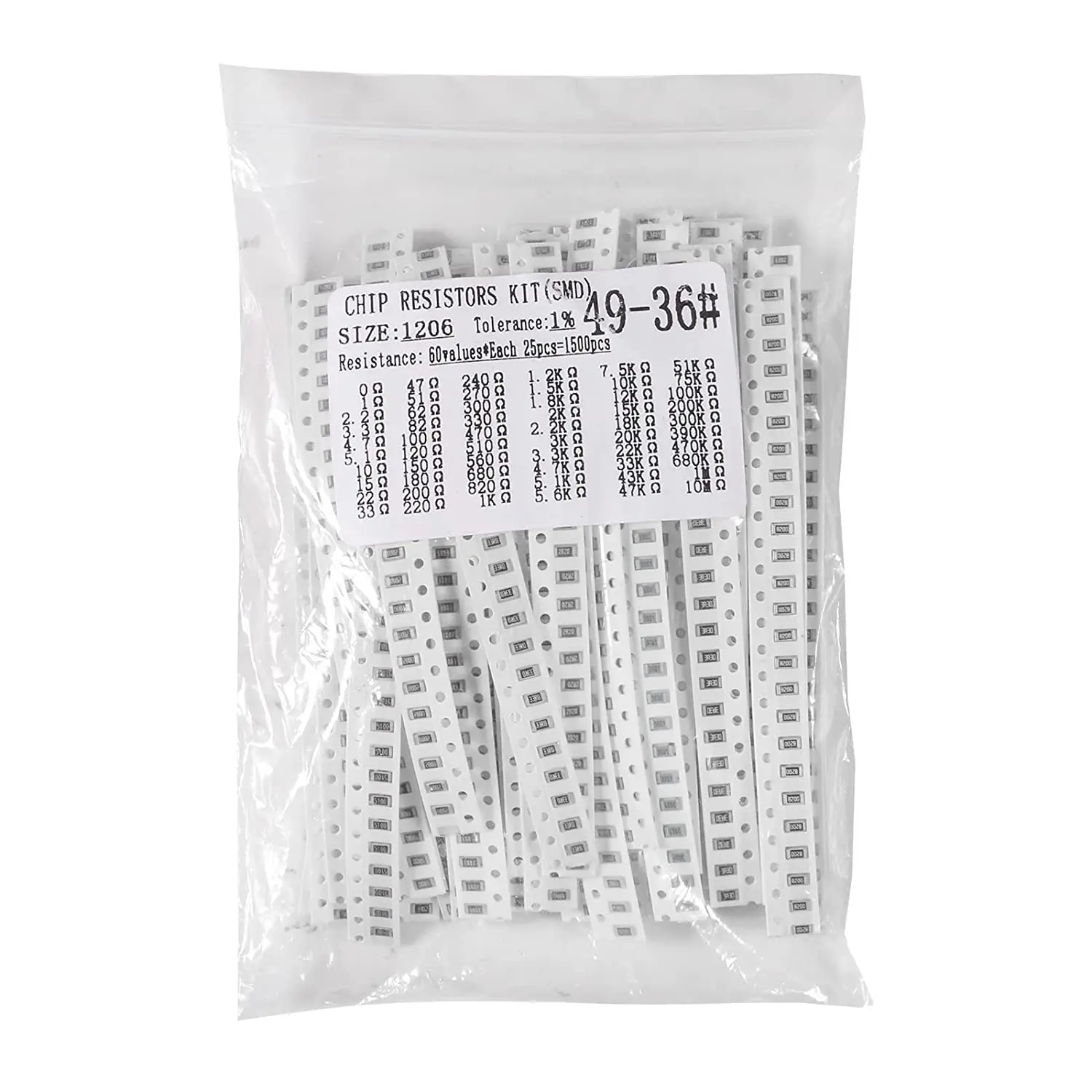 

1500pcs 1206 Resistors Kit 60 Value 1206 SMD Capacitor 1206 Chip Resistor Assortment Kit 1% 1/4W 0.25W 0 ohm-10M ohm Resistors