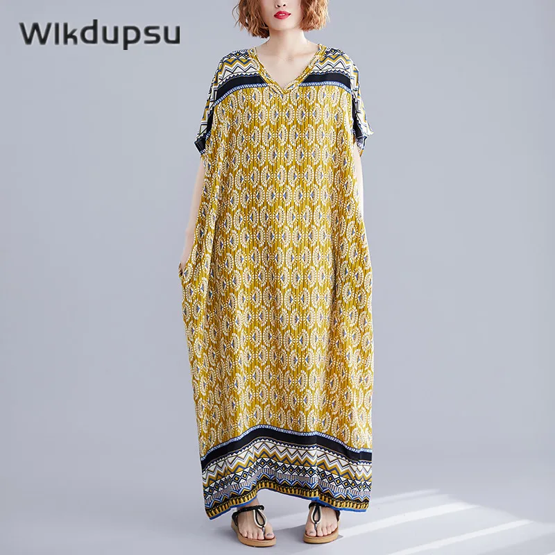 

Summer Beach Long Maxi Dress Women V Neck Fashion Bohemian Printed African Design Dashiki India Pakistan Clothing Muslim Abayas