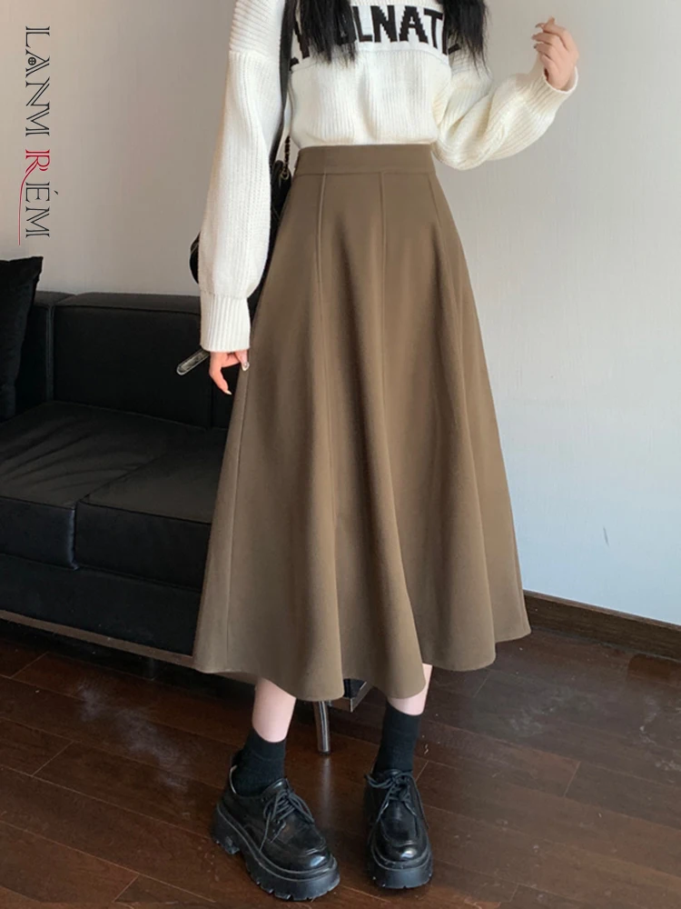 

LANMREM High Waist Long Fold Skirts 2022 Autumn Winter Women Chic Korean Style Solid Color Loose Casual Clothing 2R8358
