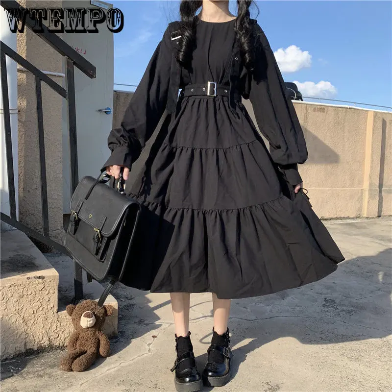 

WTEMPO Spring and Autumn Long Sleeve Black Dress Retro Style Korean Student Wear Loose Ruffled Design Temperament A-line Dresses