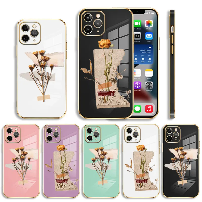 

Luxury Soft Plating Phone Case For iPhone 14 13 12 11 Pro Max Mini X XR XS Max 7 8 6 6s Plus SE Luxury Floral Specimens Print