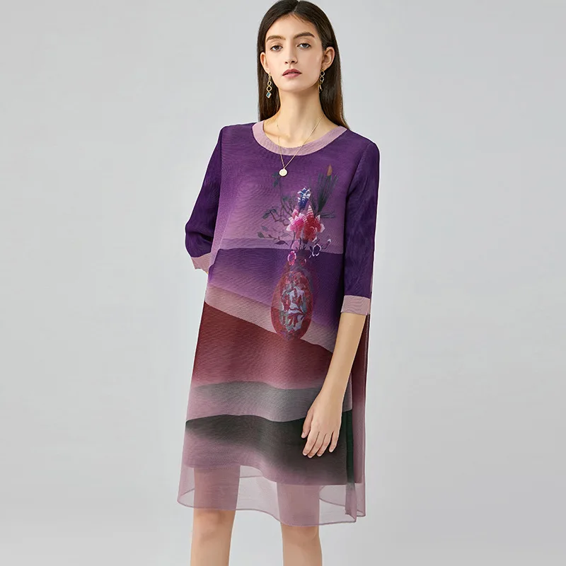 

Printed pleated dress summer Miyake contrast color outer mesh scenery phantom dress