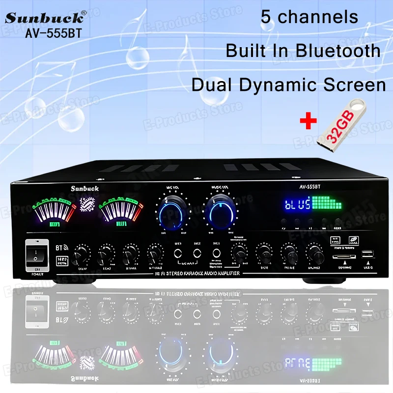 Фото Hi-Fi Bluetooth-усилитель звука AV-555BT с двойным динамическим экраном SUNBUCK 555BT, цифровой стереоусилитель для домашнего кинотеатра и караоке №1