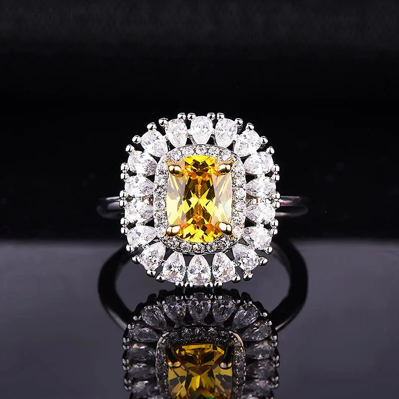 

Exquisite Bling Yellow Artificial Square Diamond Silver Color Rings For Women Wedding Engagement Fashion Jewelry Accessories