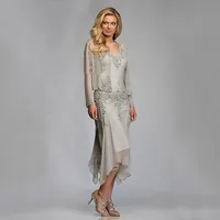 Chiffon Mother of the Bride Groom Dresses with Jackets 2022 for Summer Wedding Party Gowns Tea Length Lace Godmother
