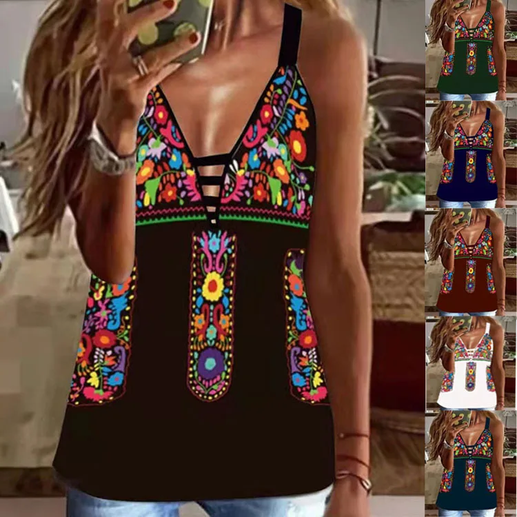 

European and American hot women's 2022 summer new printed sexy tank top T-shirt