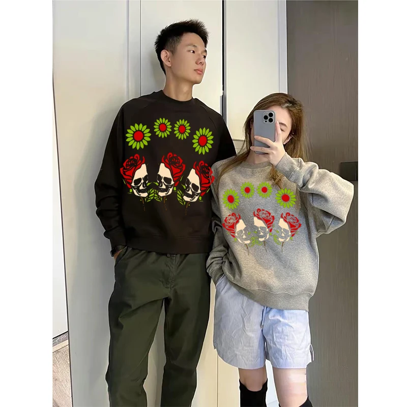 

Bottoming shirt sweater loose couple long-sleeved sweater retro European and American hip-hop rose print round neck