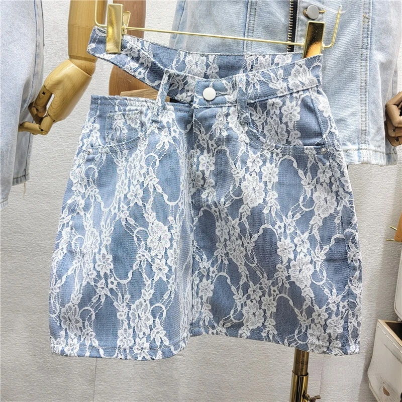 

2022 Summer Lace Denim Skirt for Women New Side Hollow-out Midriff Embroidered Slimming High Waist A- Line Jupes Fmme
