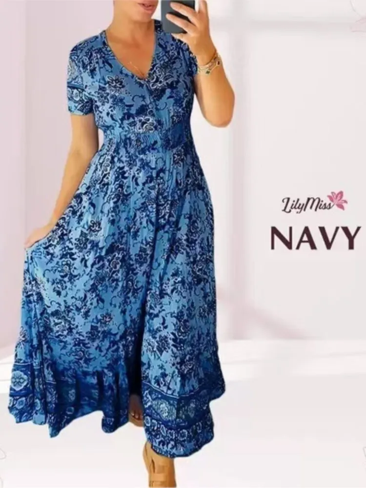 Элегантное женское платье 2022 длинное в стиле бохо с короткими рукавами и