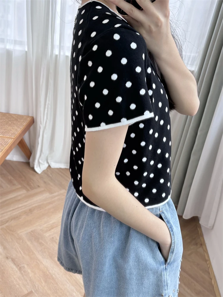 Трикотажный свитер в горошек модная и простая футболка с коротким рукавом