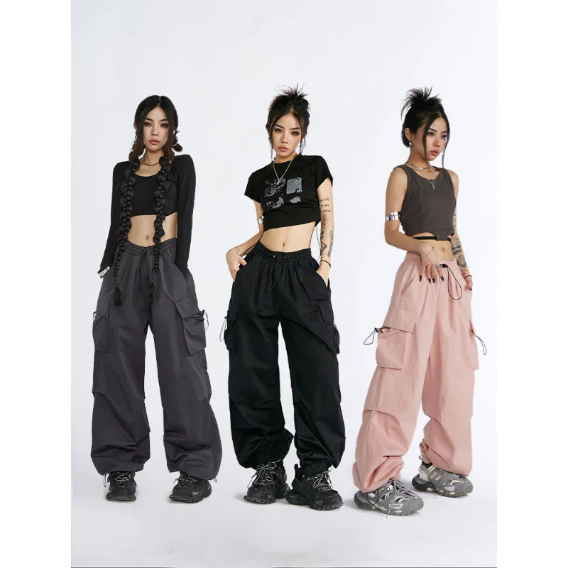 

Женские брюки-карго Y2k с широкими штанинами, повседневные мешковатые прямые штаны с большими карманами, винтажные спортивные штаны для бега, Q624