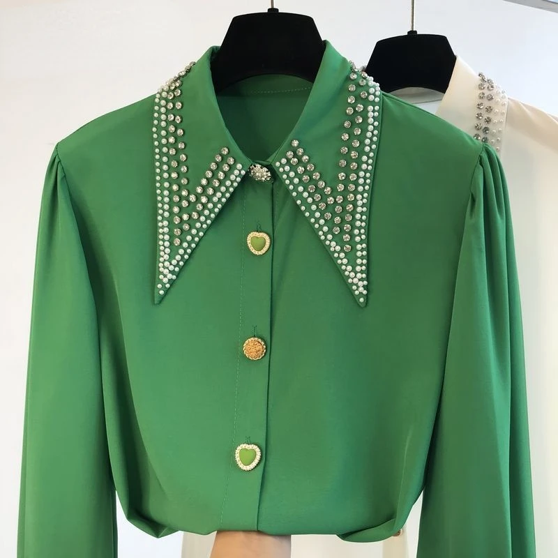 

Elegant Women Rhinestone Chiffon Shirts Pearls Beaded Blouses Spring OL Blusas Diamonds Cardigan Long-Sleeved Crop Tops Blusas