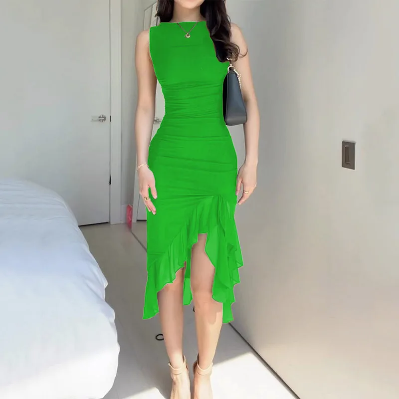 

Women Maxi Dress Summer Elegant Solid Sleeveless Nipped Waist Slim Backless Ruffled Irregular Party Dresses Streetwear