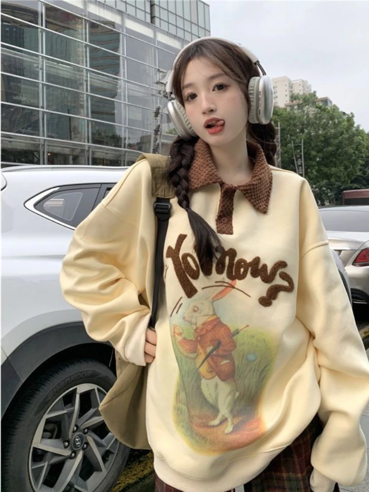 

Turn Down Collar Sweatshirts Warm Thicken Oversized Spring Autumn Casual Loose Tops Preppy Style Sweet Cartoon Print Sudaderas