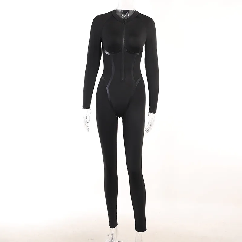 Sport Leather Ribbon Split Tight Fitness One Piece Jumpsuit Women Long Sleeve Zipper Autumn Jogger Outfits Bodycon Romper