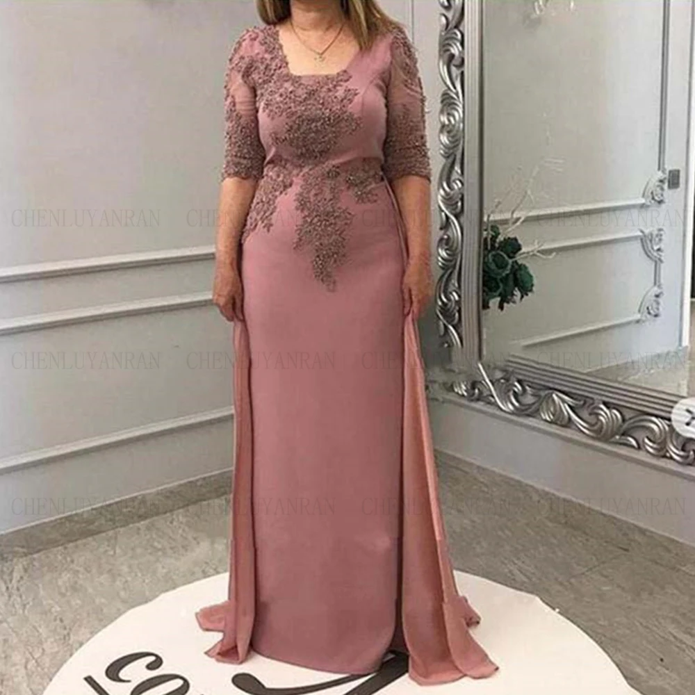 

Mother of the Bride Groom Dress 2023 With Overskirt Chiffon Square Neck Half Sleeve Evening Party Wedding Guest Formal Prom Gown